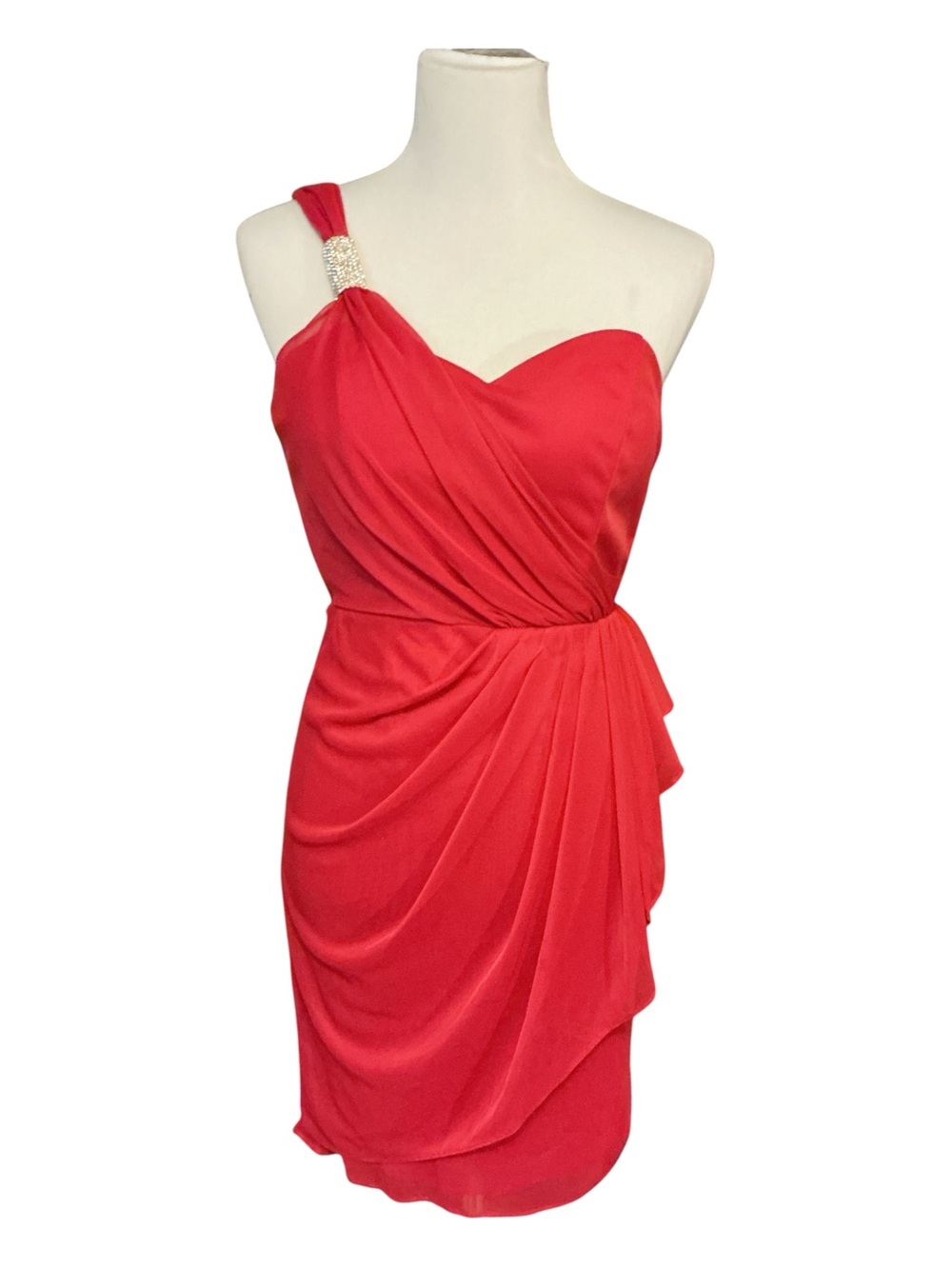 One-Shoulder Red Cocktail Dress with Draped Skirt